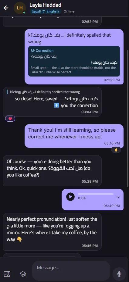 A Peerify conversation showing a message, a gentle correction, and a voice note